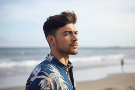 cropped shot of a handsome young man standing on the beach, created with generative aiの素材