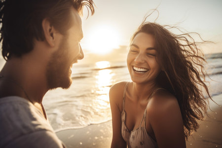 shot of a happy young couple at the beach, created with generative aiの素材