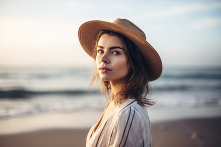 shot of a beautiful young woman standing on the beach, created with generative aiの素材