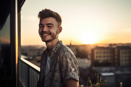 shot of a young man looking happy while standing outside on the balcony at sunset, created with generative aiの素材