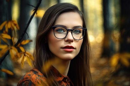 shot of a beautiful young woman wearing glasses and standing in the forest, created with generative aiの素材