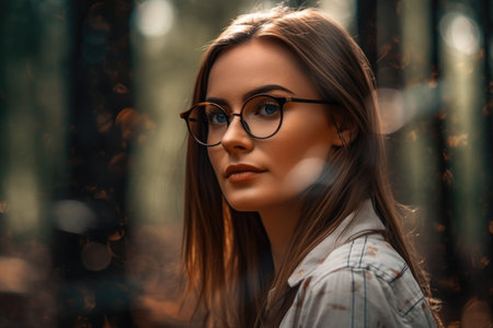 shot of a beautiful young woman wearing glasses and standing in the forest, created with generative aiの素材