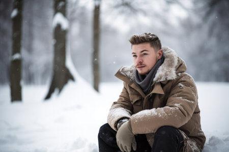 shot of a young man sitting in the snow, created with generative aiの素材