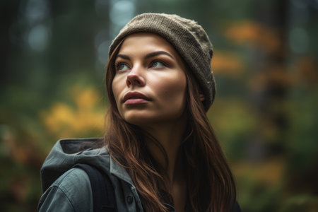shot of a young woman looking thoughtful while walking through the forest, created with generative aiの素材