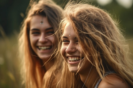 closeup of two friends happy together to enjoy nature, created with generative aiの素材