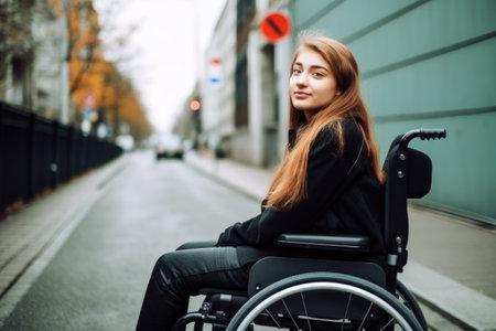shot of a young woman using a wheelchair, created with generative aiの素材