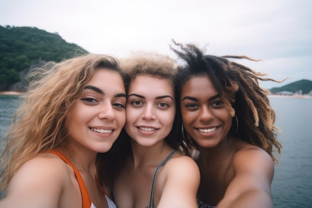 travel, friends and selfie in brazil for holiday, bonding and vacation together, created with generative aiの素材