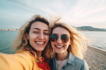 happy, happy woman friends travel selfie in a foreign city adventure by the sea, created with generative aiの素材