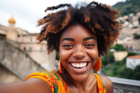 travel, selfie and black woman on phone with happy, joy and smile for relax, freedom and summer holiday, created with generative aiの素材