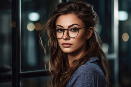 shot of a beautiful young woman wearing glasses and with her hair back, created with generative aiの素材