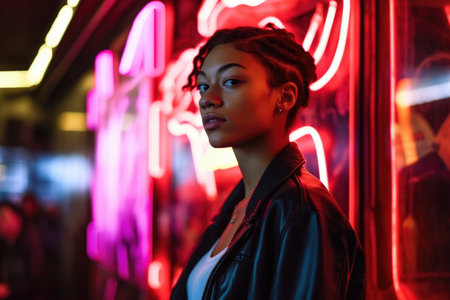 shot of a young woman standing in front of an electro neon sign, created with generative aiの素材