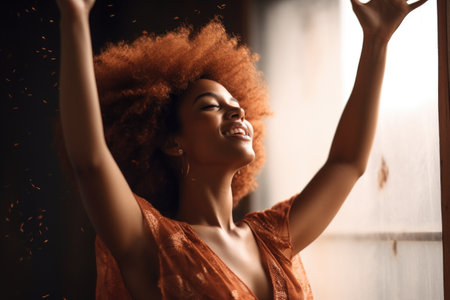 shot of a beautiful woman with her hands in the air, created with generative aiの素材