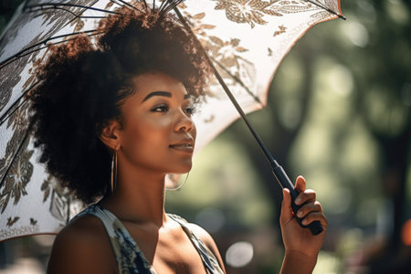 shot of a young woman holding an umbrella on a hot day, created with generative aiの素材