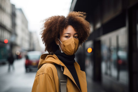 shot of a young woman wearing a face mask in the city, created with generative aiの素材