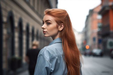 shot of a young woman standing outdoors in the city with her back turned to the camera, created with generative aiの素材