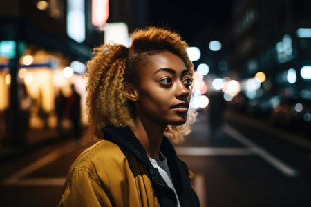 shot of a young woman in the city at night, created with generative aiの素材