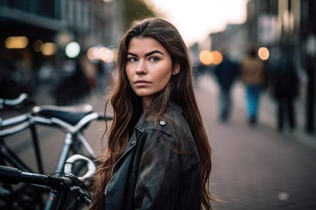 shot of a young woman on her bicycle in the city, created with generative aiの素材