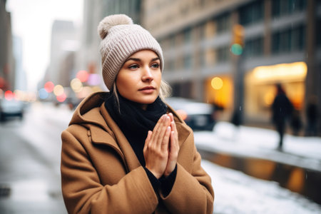 shot of a young woman warming her hands on a cold day outside in the city, created with generative aiの素材