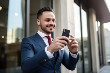a handsome businessman taking a photo to send it to friends, created with generative aiの素材