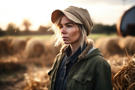 shot of a young female farmer standing in rural farm, created with generative aiの素材