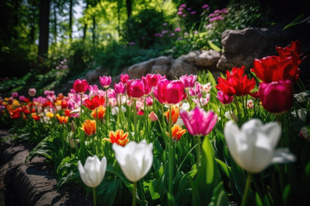 closeup of colorful tulip flowers blooming in lush green forest, created with generative aiの素材
