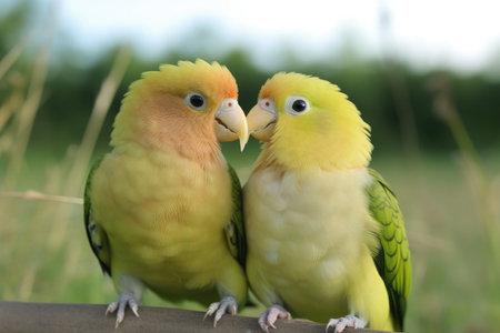 closeup of young lovebirds standing in a field, created with generative aiの素材