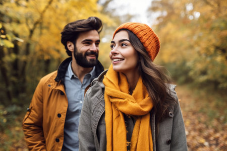 shot of a young couple enjoying an autumn walk, created with generative aiの素材