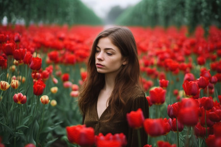a young woman standing in a field of red tulips, created with generative aiの素材