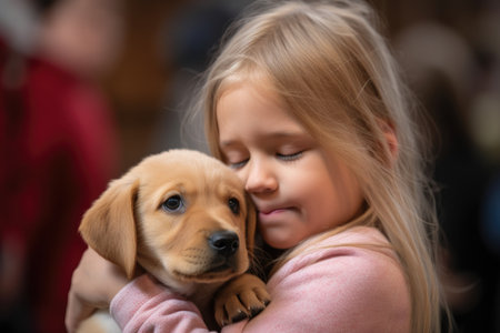 a young girl hugging a puppy during an educational program, created with generative aiの素材