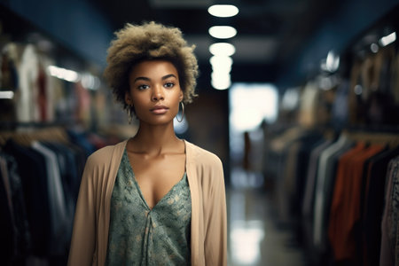 shot of an attractive young woman standing alone in a store and wearing contemporary clothing, created with generative aiの素材