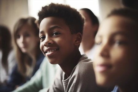 shot of a group of young students hanging out in class, created with generative aiの素材