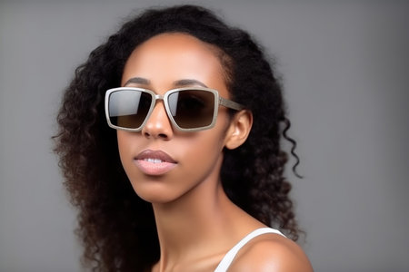 shot of a beautiful young woman wearing sunglasses against a gray background, created with generative aiの素材