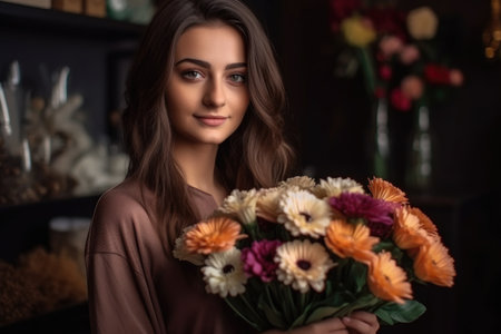 a gorgeous young woman posing with a bunch of flowers, created with generative aiの素材