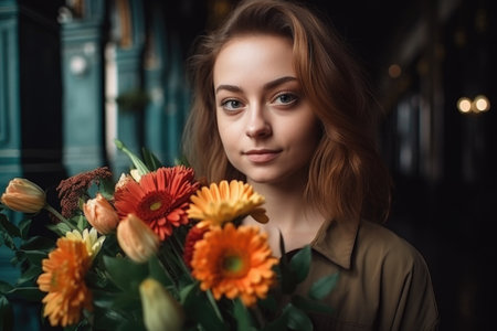 a gorgeous young woman posing with a bunch of flowers, created with generative aiの素材