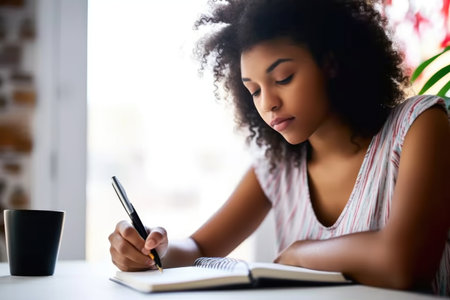 shot of a young woman writing in her journal, created with generative aiの素材