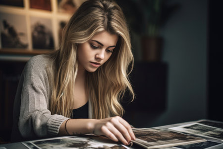 shot of a young woman looking at some images in her book, created with generative aiの素材