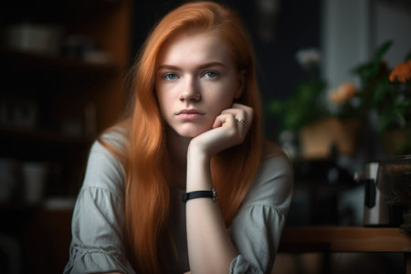 a young woman in a pensive mood with her hands crossed and sitting at home, created with generative aiの素材