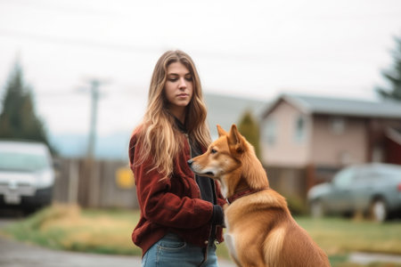 a young woman standing outside with a dog, created with generative aiの素材