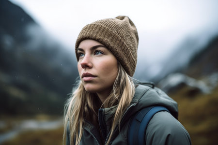 shot of a young woman out for a hike in the mountains, created with generative aiの素材
