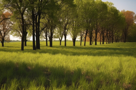 closeup of trees growing on an empty grassy field, created with generative aiの素材