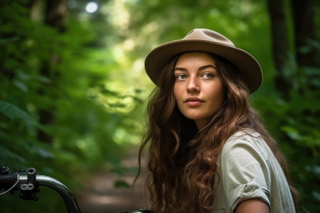 a young woman on a bike in the forest with copy space, created with generative aiの素材