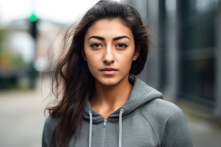 cropped shot of a beautiful young woman dressed in outdoor workout clothes, created with generative aiの素材