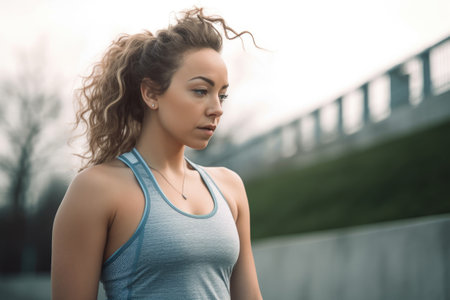 cropped shot of a beautiful young woman dressed in outdoor workout clothes, created with generative aiの素材