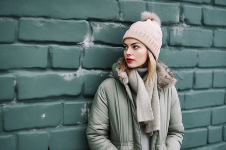 shot of a young woman in winter clothing posing against a wall, created with generative aiの素材