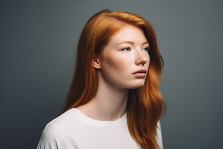 shot of a young woman looking thoughtful while standing against a gray background, created with generative aiの素材