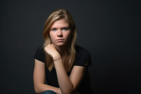 an isolated shot of a young woman sitting with her arms crossed, created with generative aiの素材
