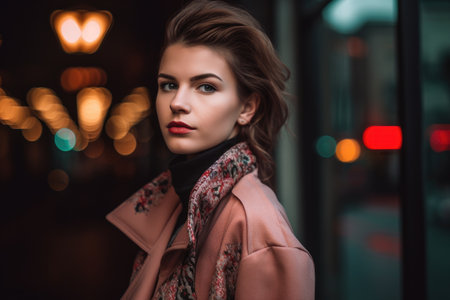 a trendy young woman wearing a stylish designer coat, created with generative aiの素材