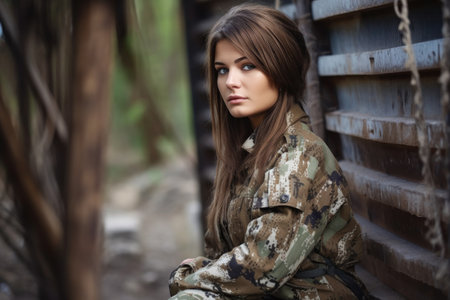 a beautiful young woman posing freely while wearing camouflage clothing, created with generative aiの素材