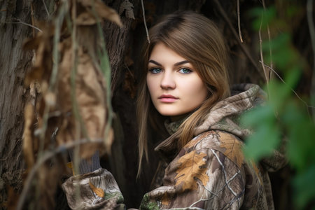 a beautiful young woman posing freely while wearing camouflage clothing, created with generative aiの素材