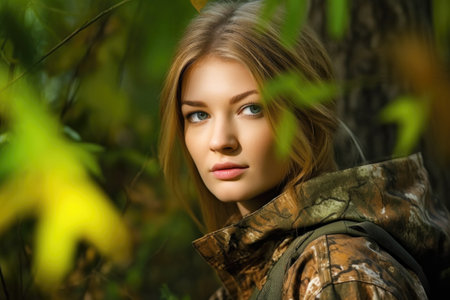 a beautiful young woman posing freely while wearing camouflage clothing, created with generative aiの素材